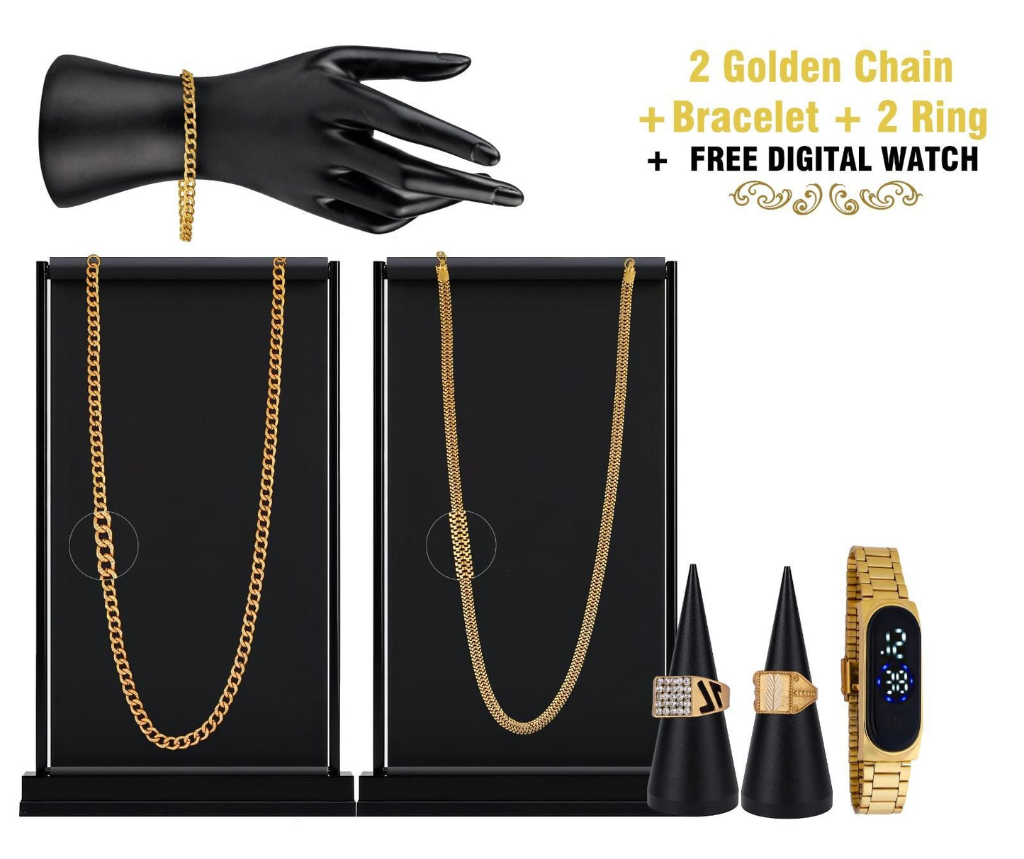 Combo of 2 Chain + 1 Bracelet + 2 Ring with 1 Free Digital Watch - Moby Mart